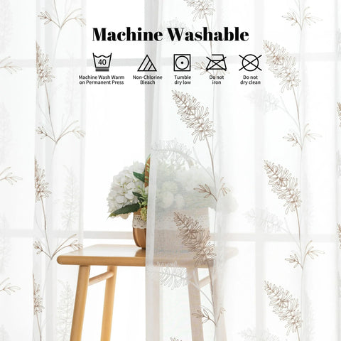 Sonive 2 Piece White Leaf Sheer Curtain, Botanical Embroidered Window Curtain Panels for Bedroom Living Room