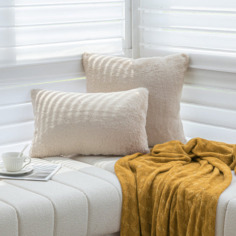 Sonive 2 Pack Faux Rabbit Fur Dual Texture Throw pillow cover