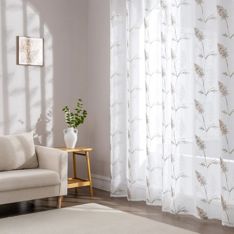 Sonive 2 Piece White Leaf Sheer Curtain, Botanical Embroidered Window Curtain Panels for Bedroom Living Room