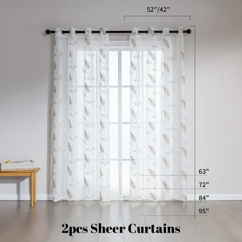 Sonive 2 Piece White Leaf Sheer Curtain, Botanical Embroidered Window Curtain Panels for Bedroom Living Room