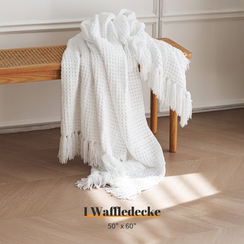 Sonive Kuscheldecke Waffledecke Sofadecke 127x152cm Weiche Warme Wohndecke,Flauschige Tagesdecke, Atmungsaktiv Decke Leicht für das ganze Jahr, Weiß