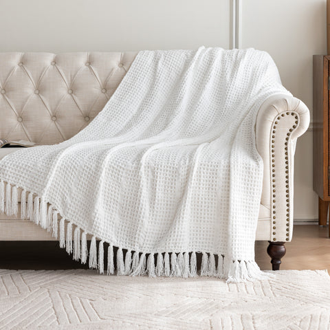 Sonive Cotton Waffle Blanket 270 GSM (White - 127x152 cm) Soft Lightweight Throw Blanket for All Season Decoration Blanket for Bed Sofa Car