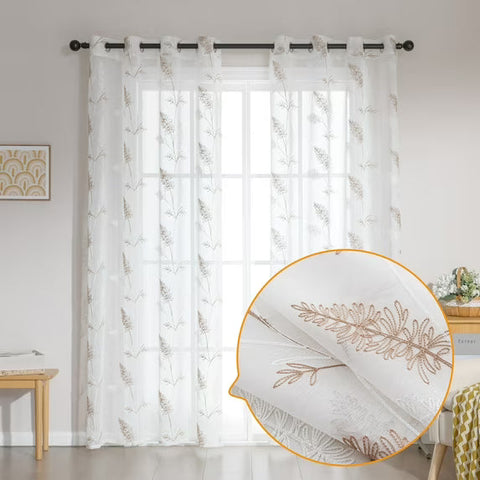 Sonive 2 Piece White Leaf Sheer Curtain, Botanical Embroidered Window Curtain Panels for Bedroom Living Room