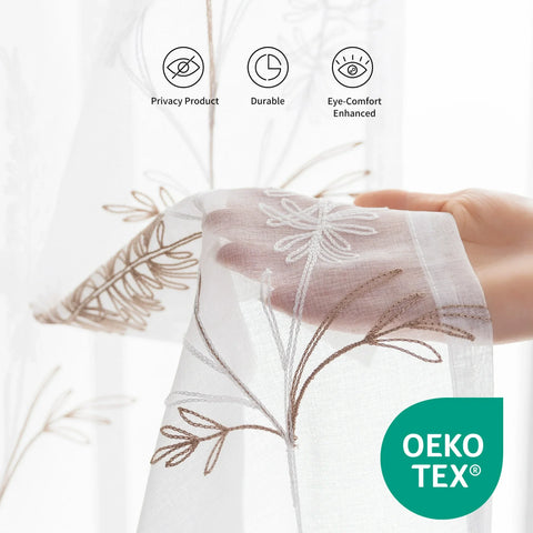 Sonive 2 Piece White Leaf Sheer Curtain, Botanical Embroidered Window Curtain Panels for Bedroom Living Room